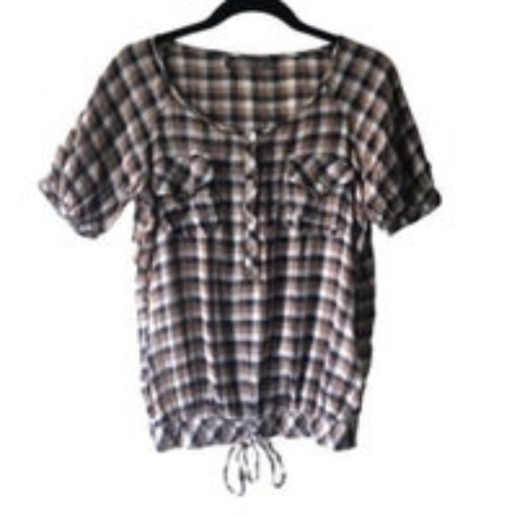 Tops - Cropped Plaid Brown Shirt Small